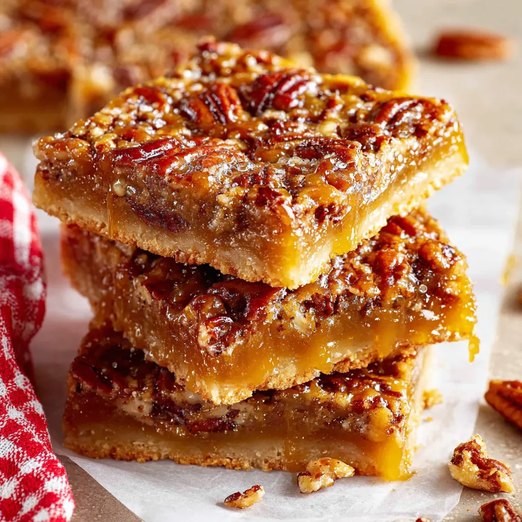 Three bars of pecan pie with a shortbread crust.