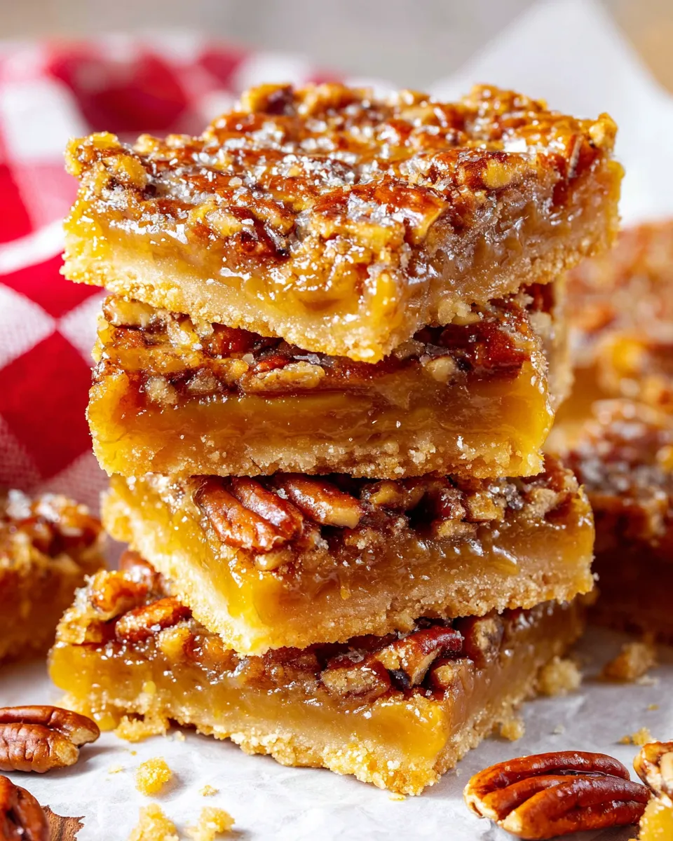 A stack of pecan pie bars with a shortbread crust.