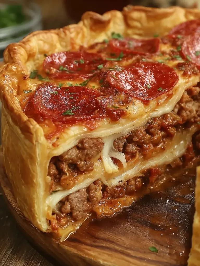 A slice of deep hamburger, sausage and pepperoni pie.