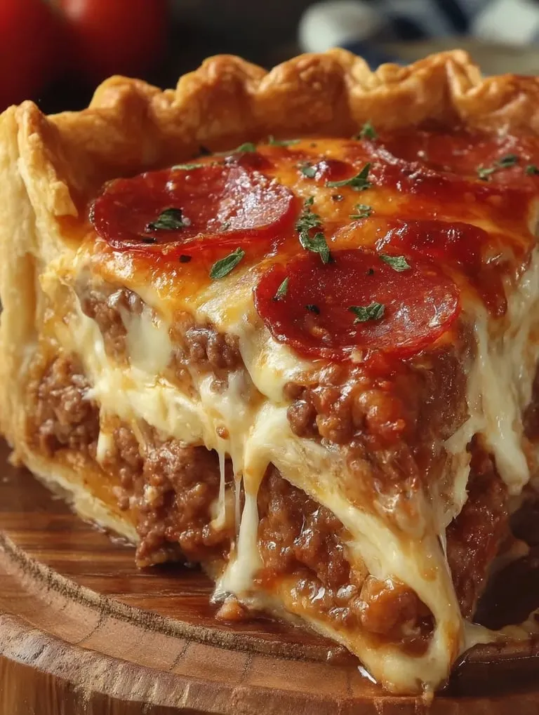 A slice of deep hamburger, sausage and pepperoni pie.