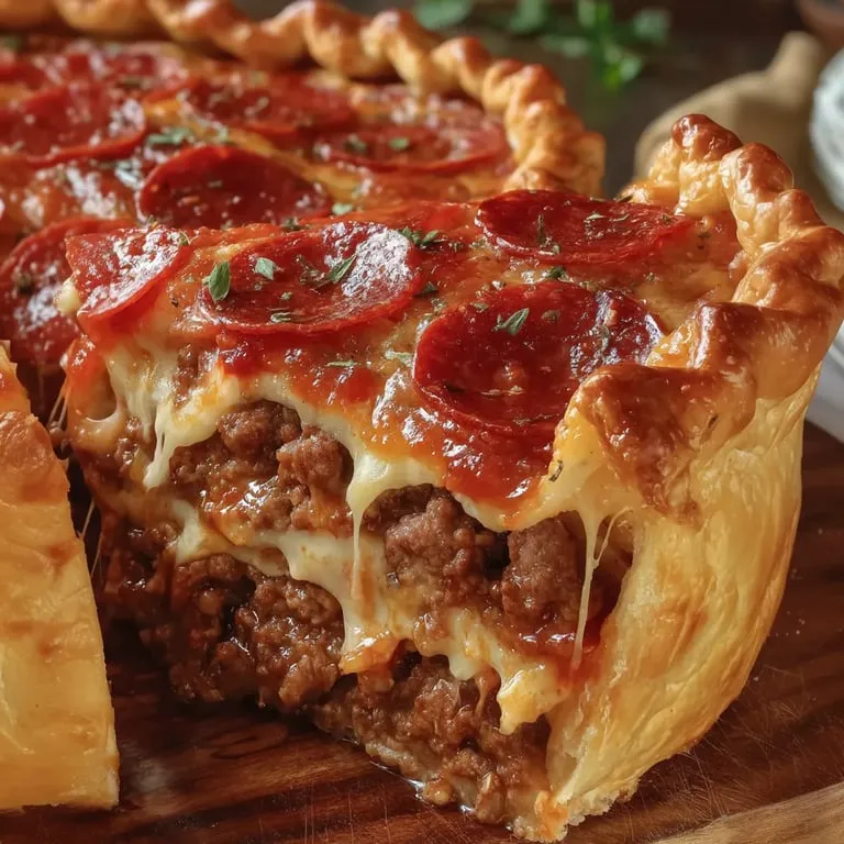 A slice of deep hamburger, sausage and pepperoni pie.