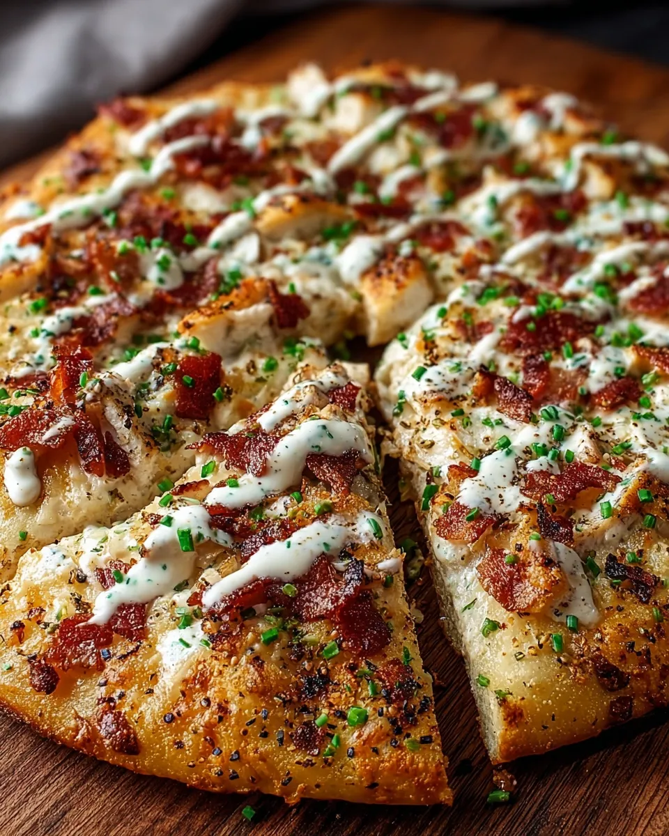 A pizza with chicken, bacon, and ranch dressing.