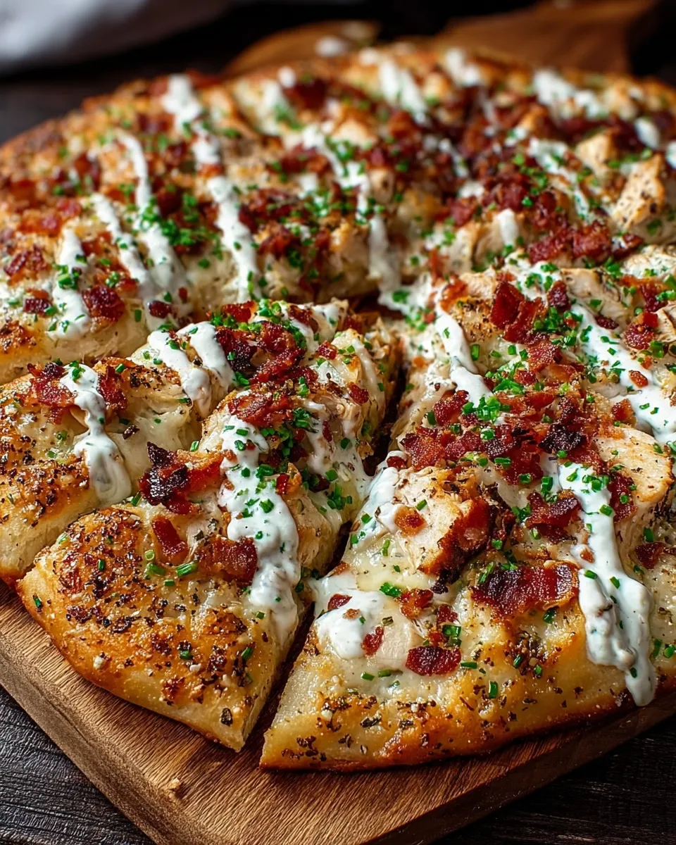 A pizza with chicken and bacon toppings.