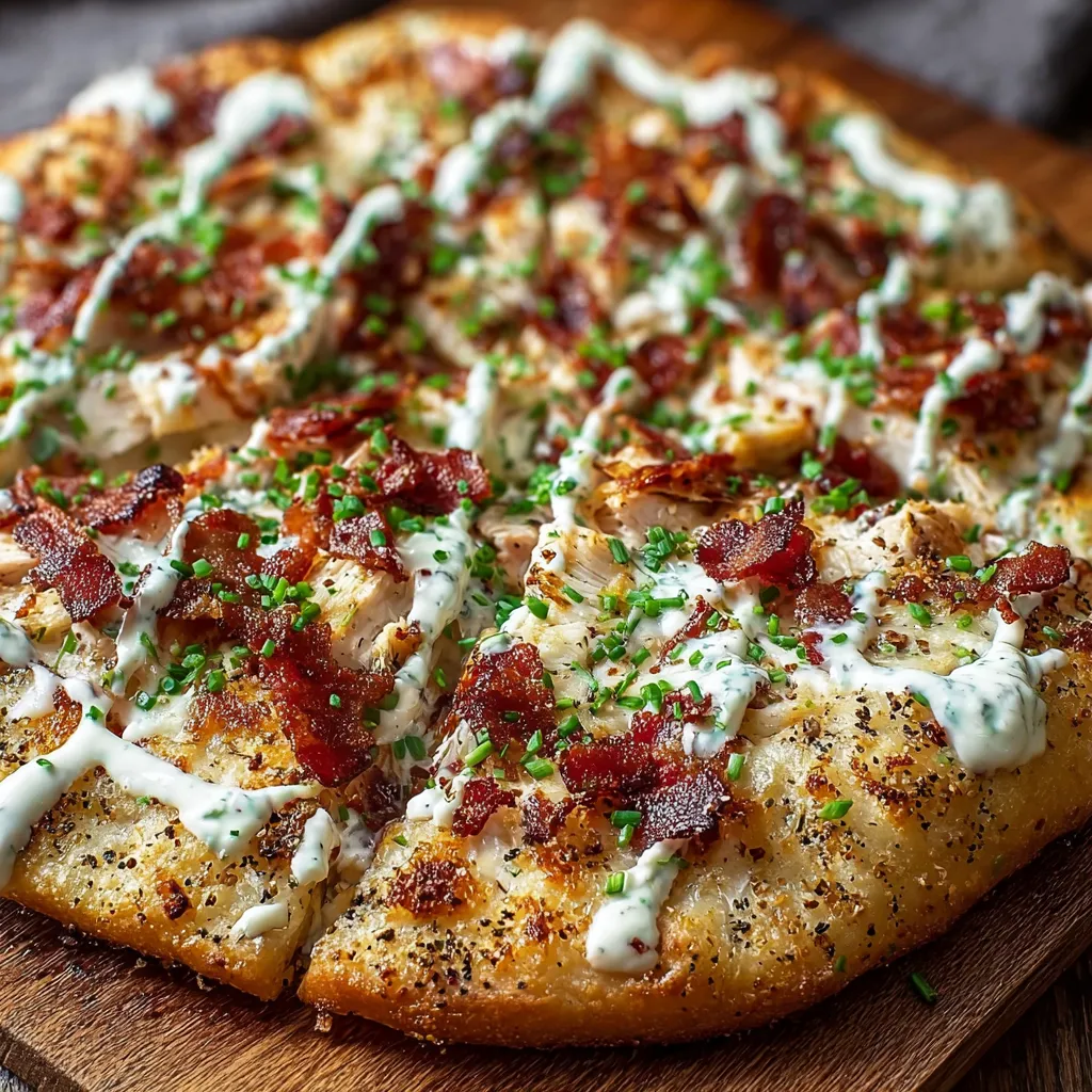 A pizza with chicken and bacon toppings.