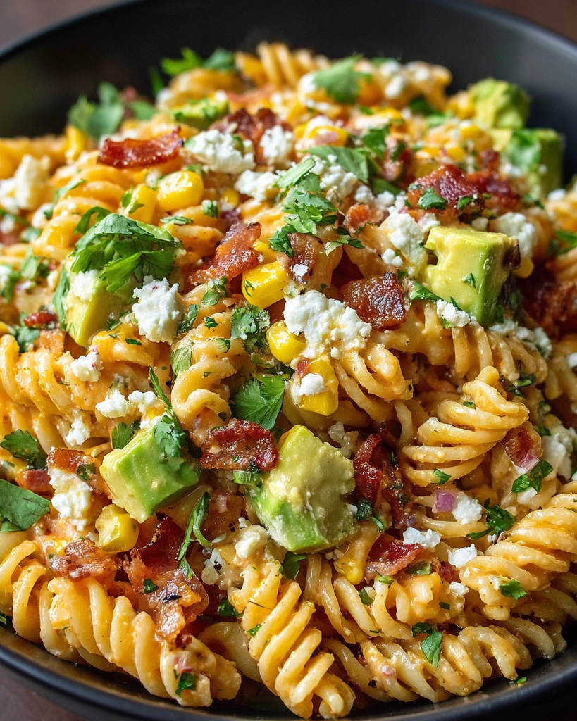 A dish of Mexican street corn pasta salad.