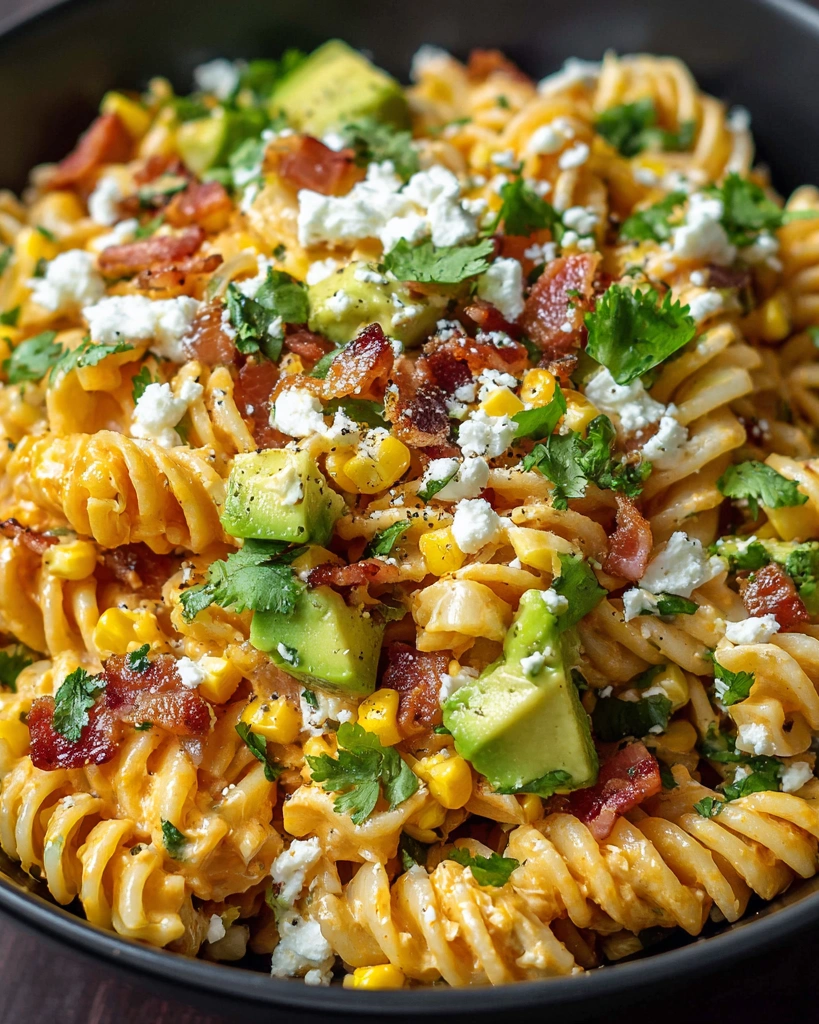 A bowl of Mexican street corn pasta salad.