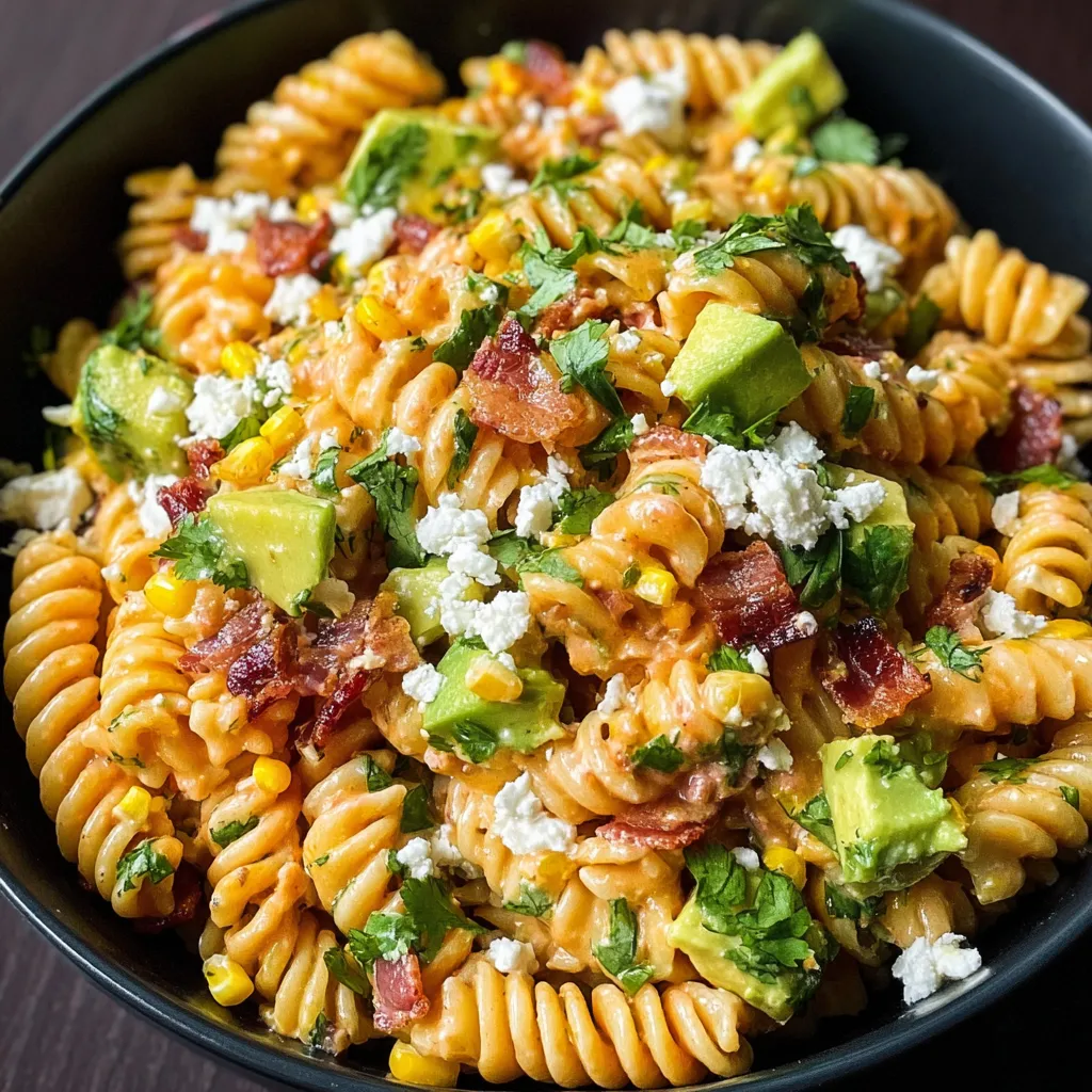 A bowl of Mexican street corn pasta salad.