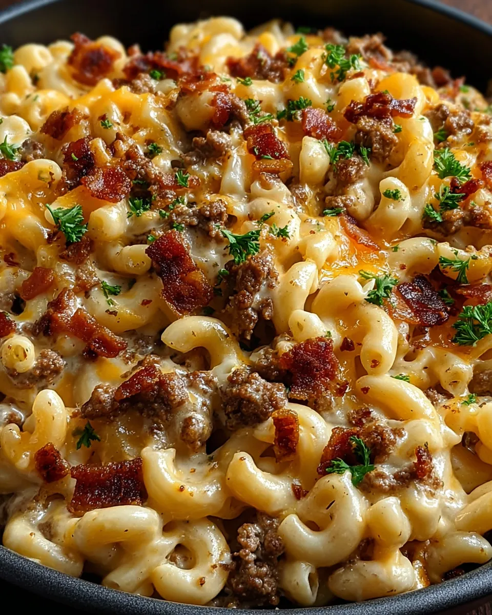 A creamy loaded bacon cheeseburger alfredo pasta.