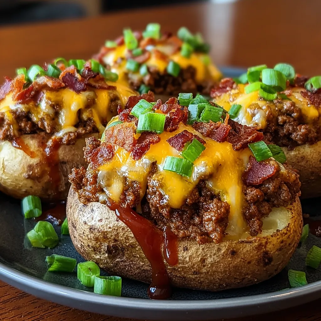 A plate of loaded BBQ bacon cheeseburger potato volcanoes.