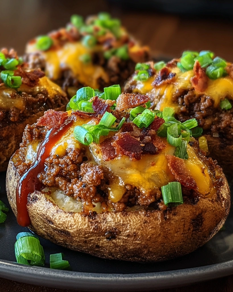 A plate of loaded BBQ bacon cheeseburger potato volcanoes.