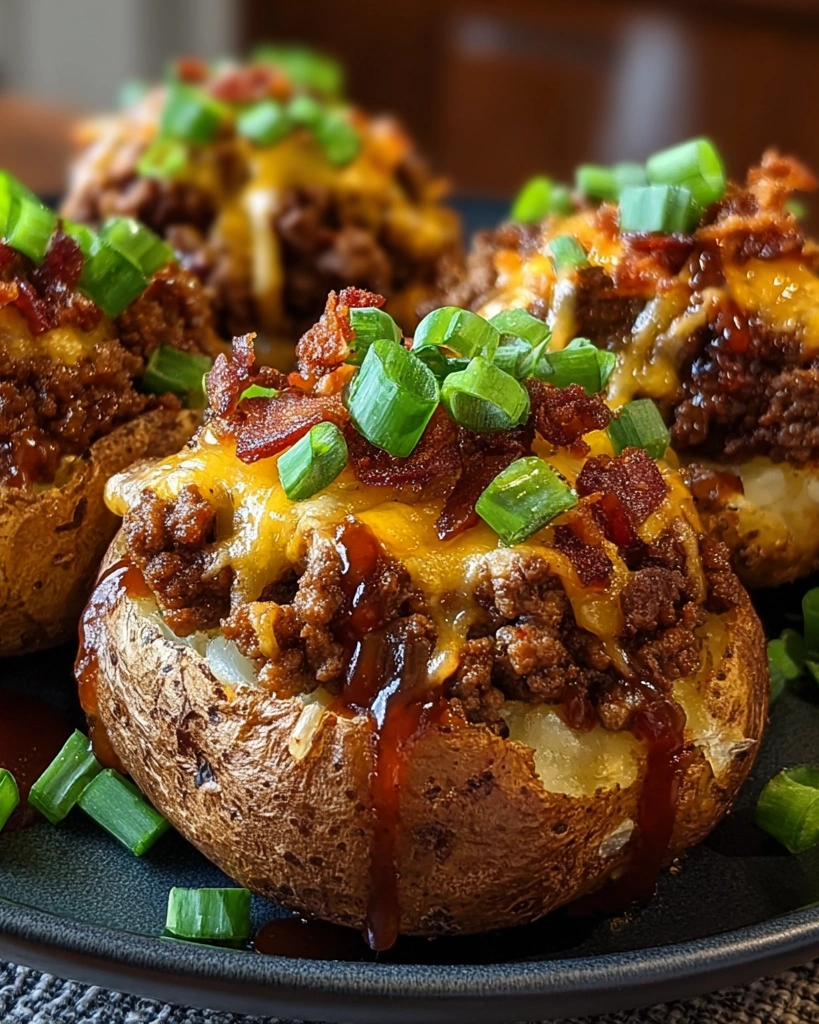 A plate of loaded BBQ bacon cheeseburger potato volcanoes.
