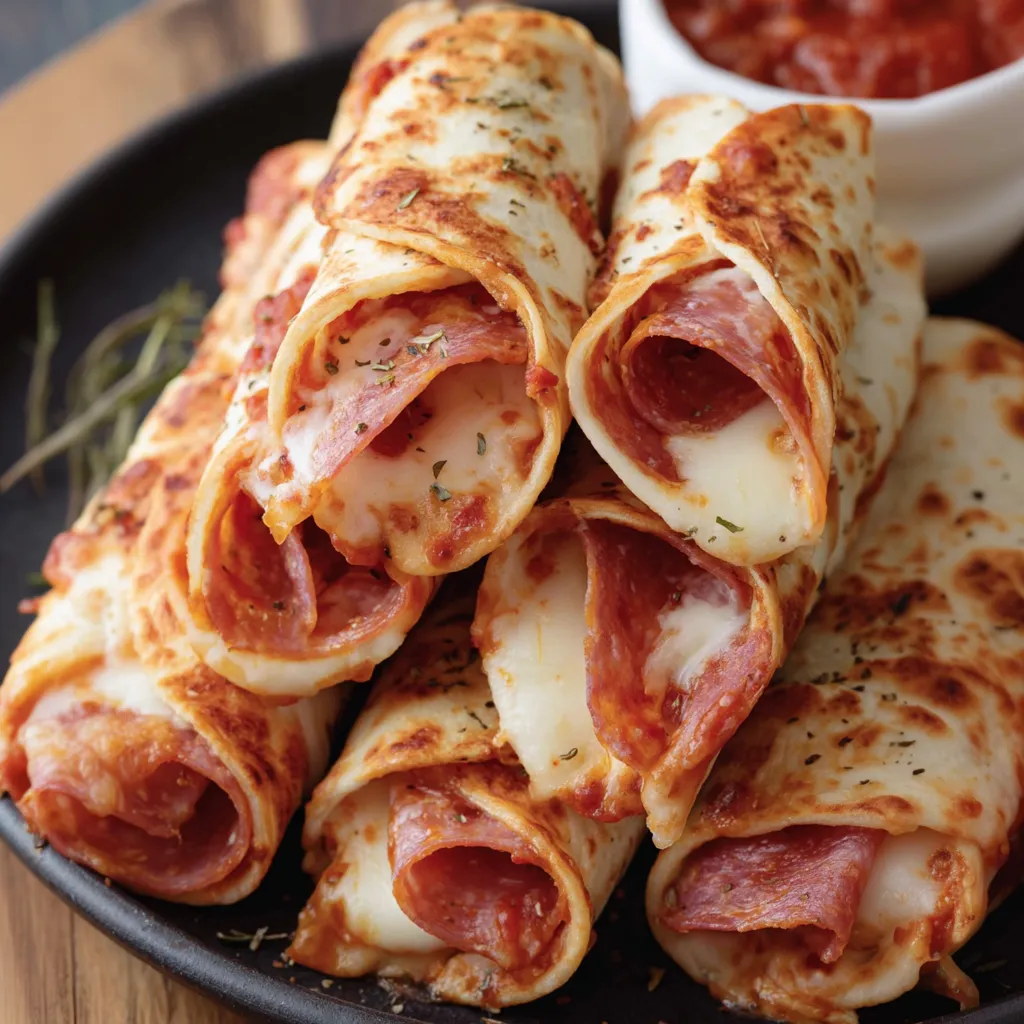 A plate of cheesy pepperoni pizza roll ups.