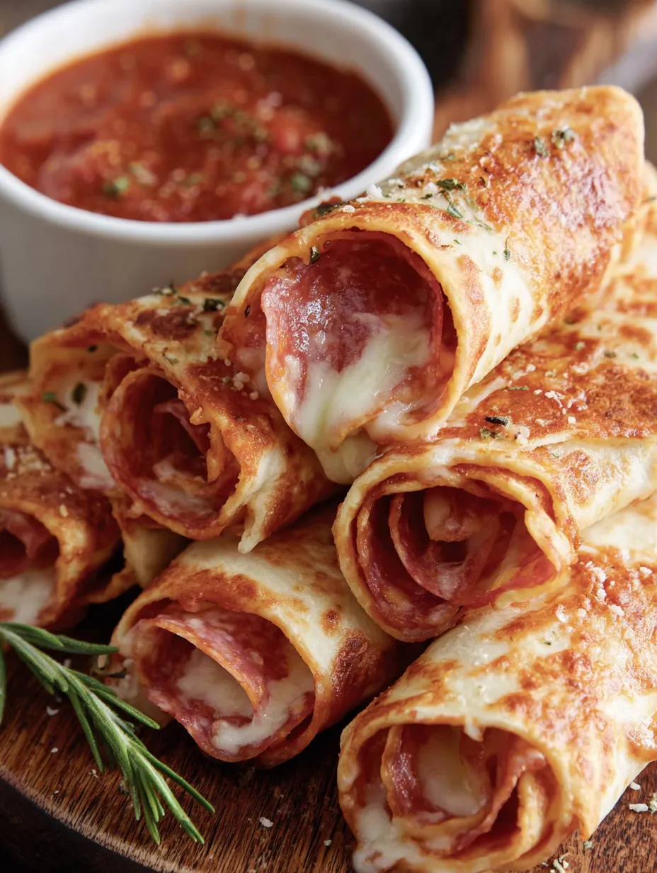 A plate of cheesy pepperoni pizza roll ups.