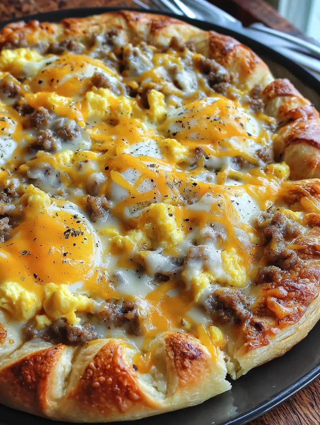 A breakfast pizza with sausage and cheese.