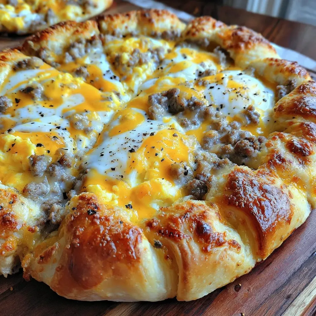 A breakfast pizza with sausage and cheese.