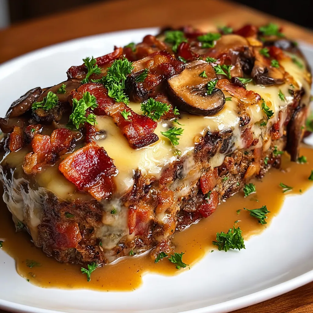 A plate of mushroom swiss cheese meatloaf.