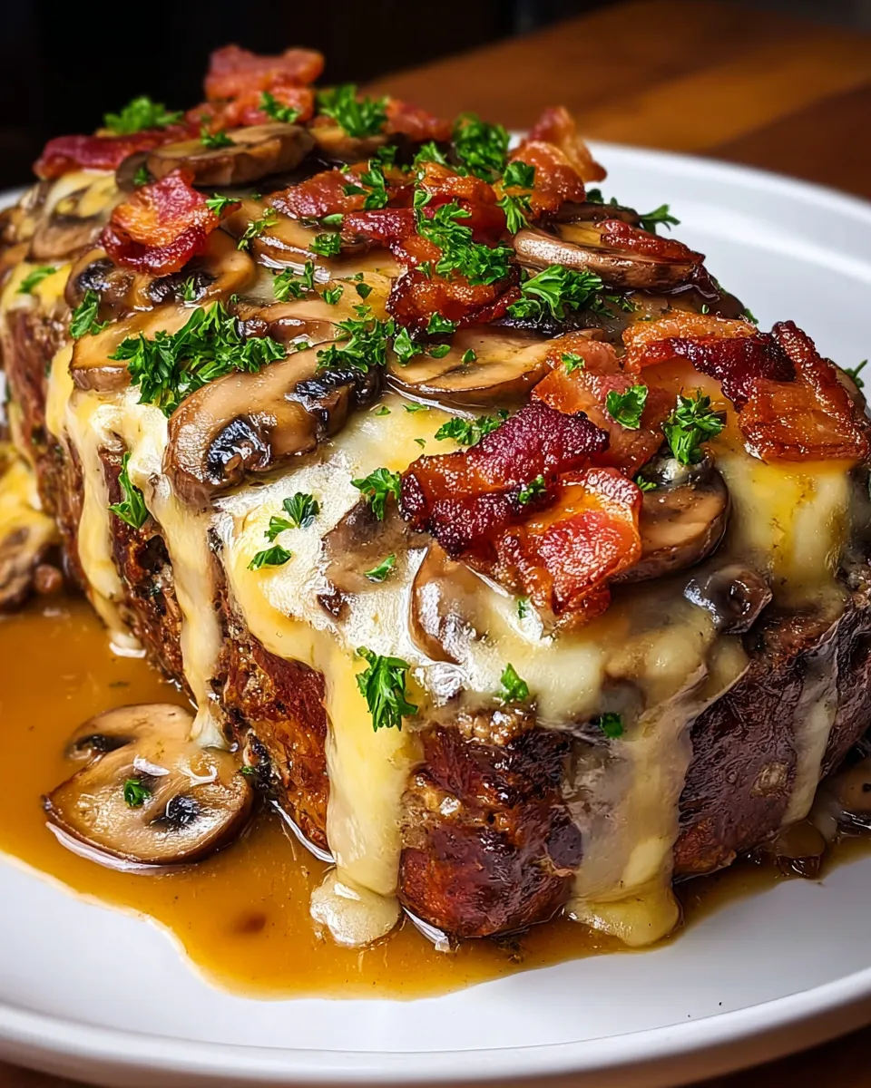 A close up of a mushroom swiss cheese meatloaf.