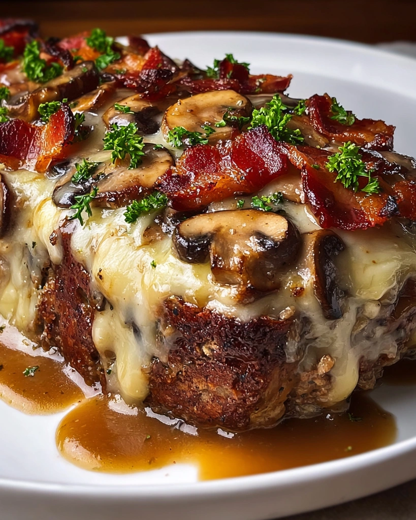 A slice of mushroom swiss cheese meatloaf.