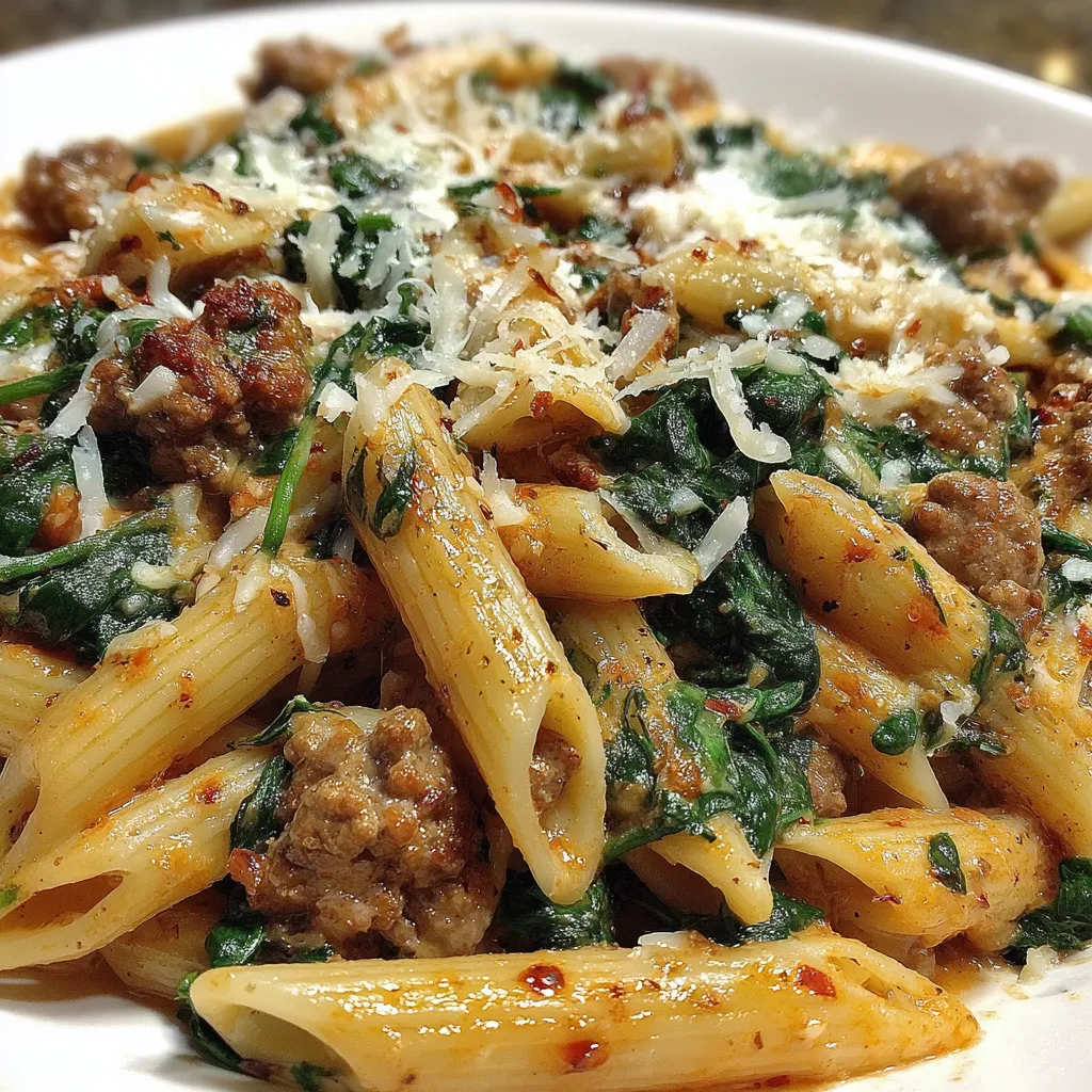 A plate of pasta with meat and spinach.