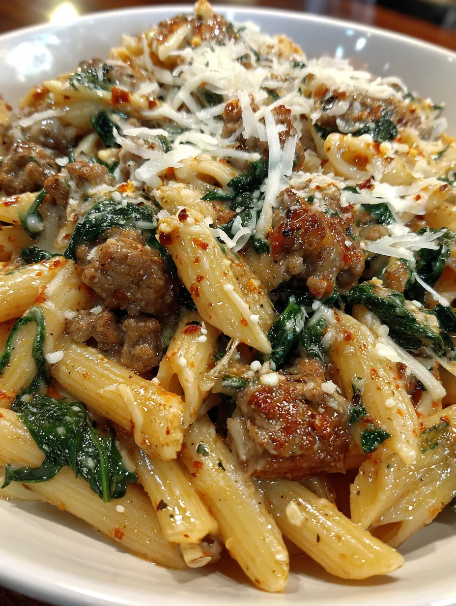 A plate of pasta with meat and spinach.