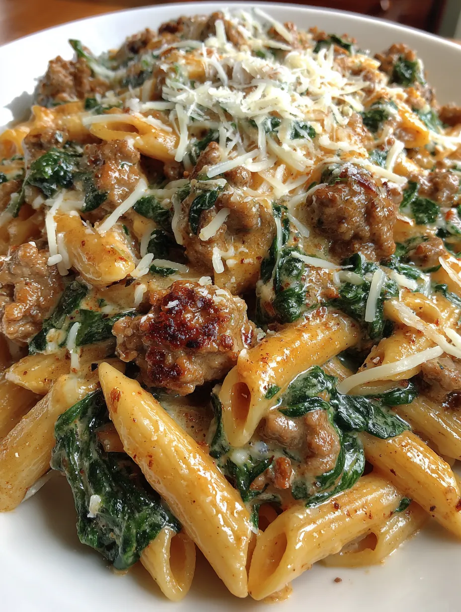 A plate of pasta with meat and spinach.