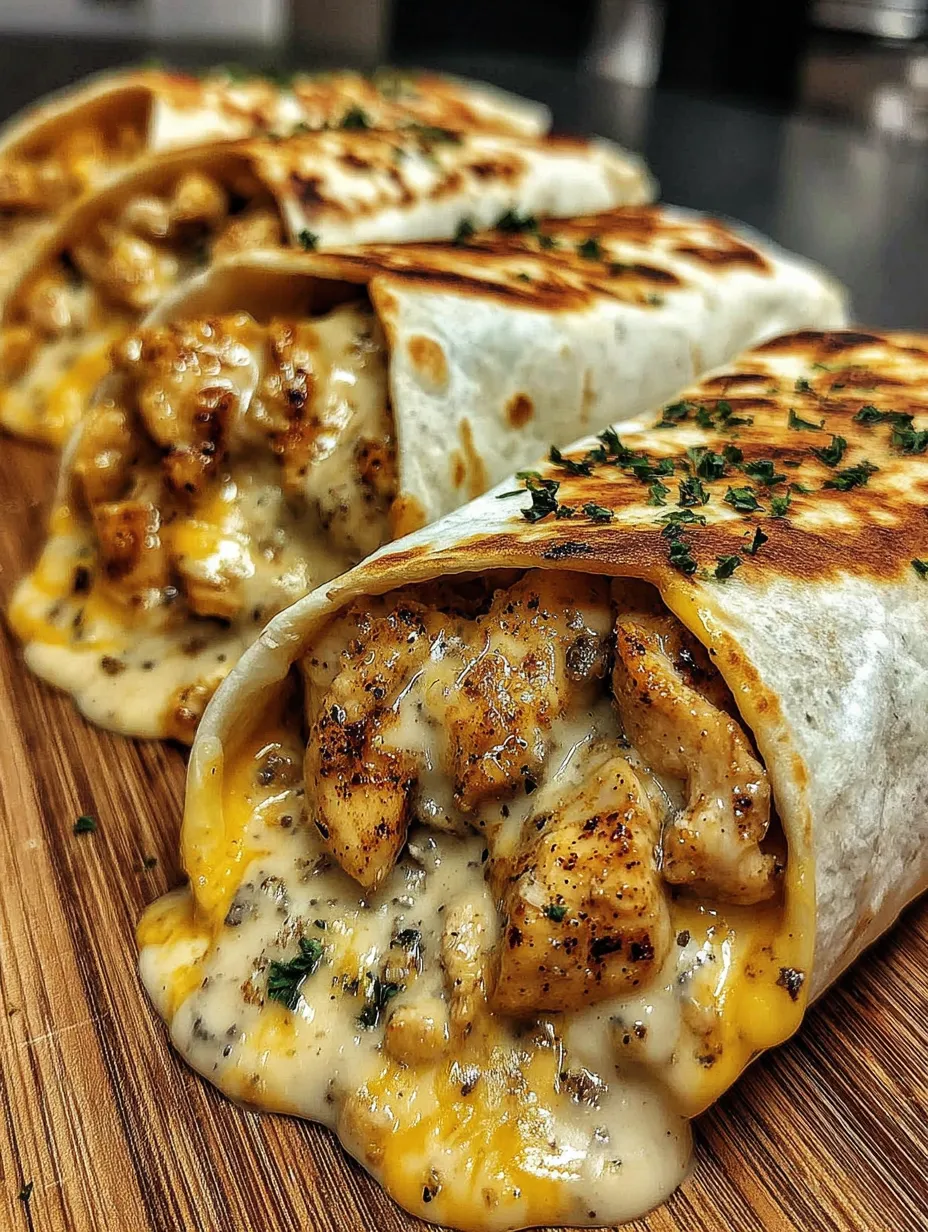 Two cheesy garlic chicken wraps on a wooden table.