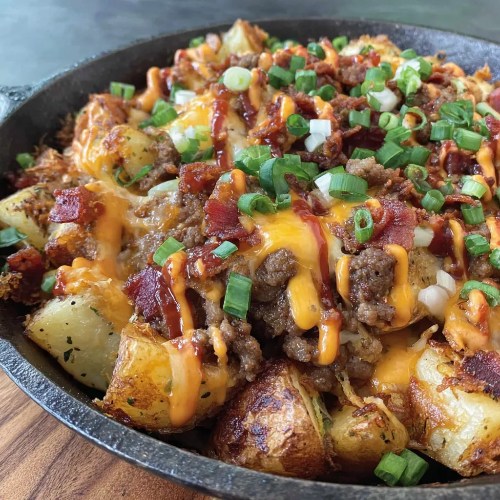 A cheese burger potato skillet with bacon and cheese.
