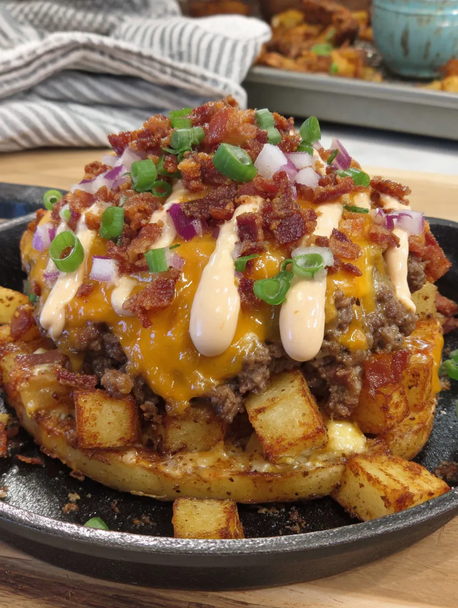 A cheese burger potato skillet with bacon and onions.