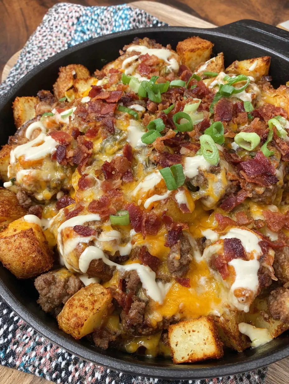 A cheese burger potato skillet with bacon and cheese.