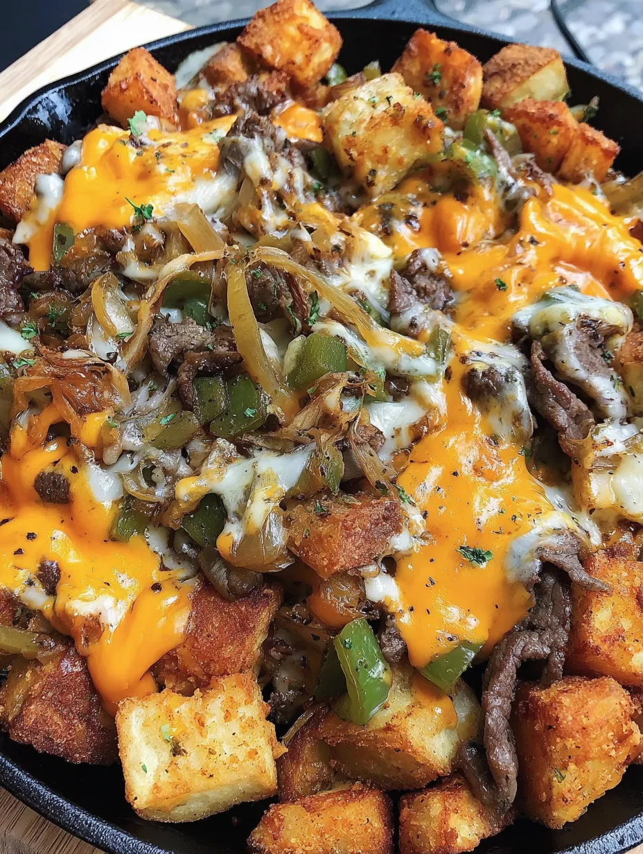 A close up of a cheesesteak potato skillet.