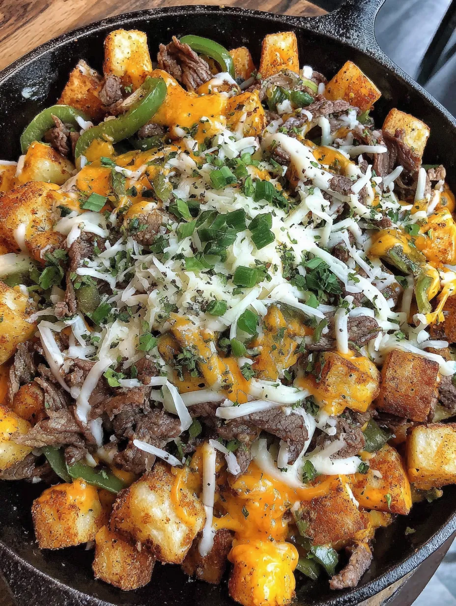 A delicious cheesesteak potato skillet.