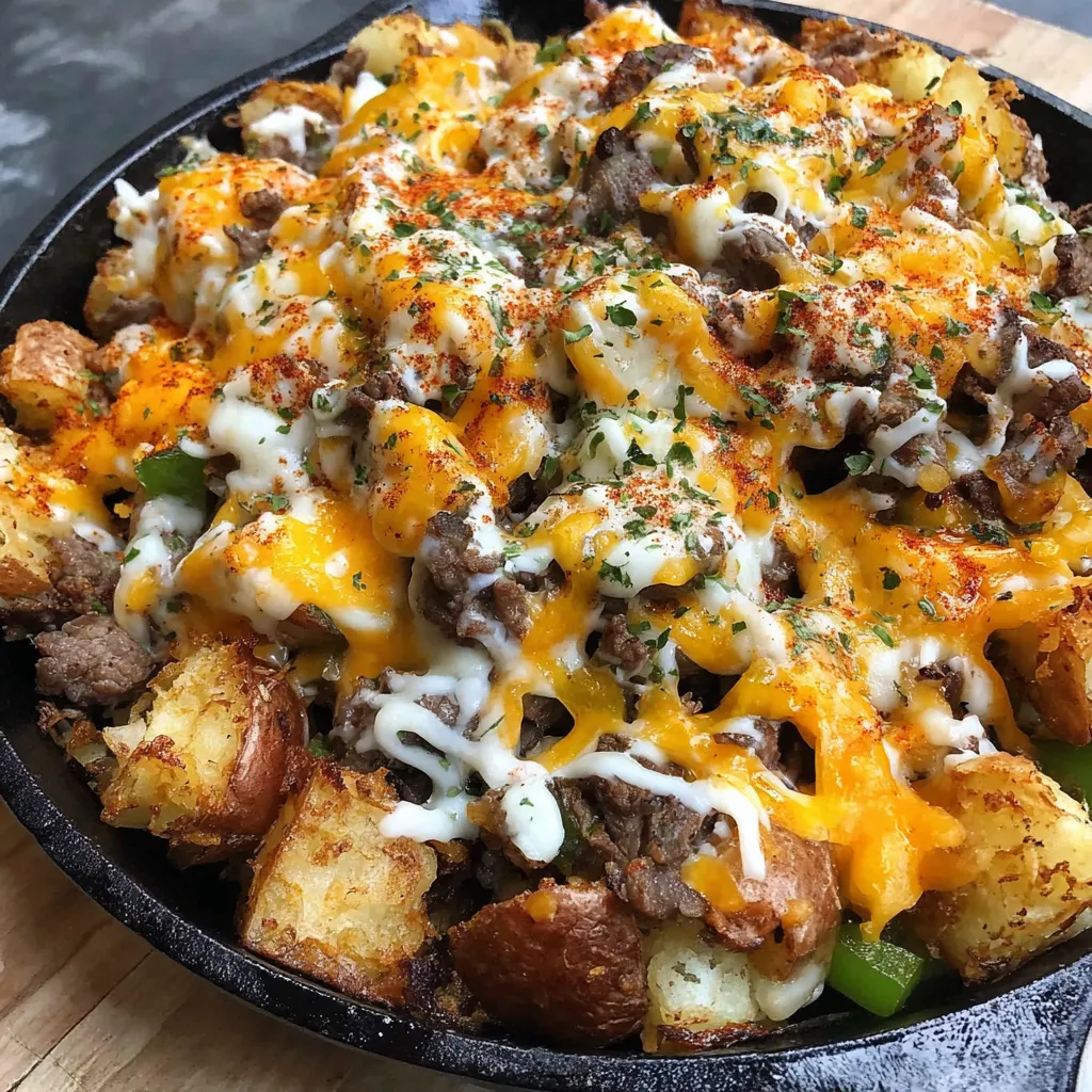 A delicious cheesesteak potato skillet.