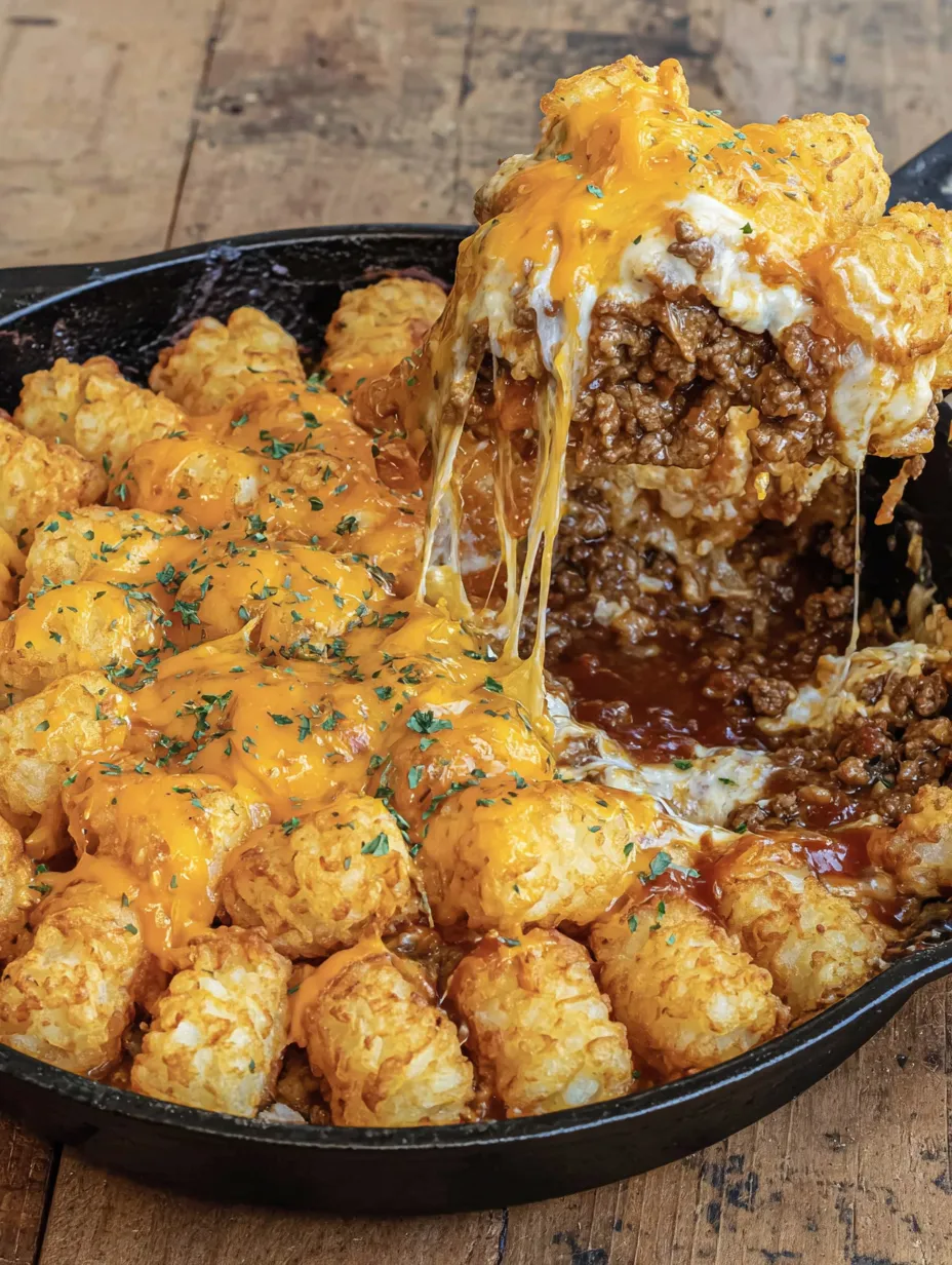 A close up of a sloppy joe tater tot casserole.