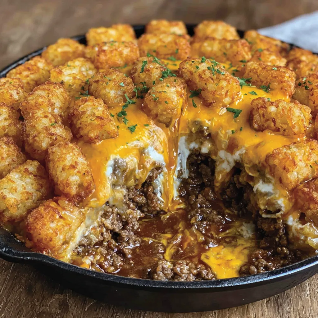 A close up of a sloppy joe tater tot casserole.