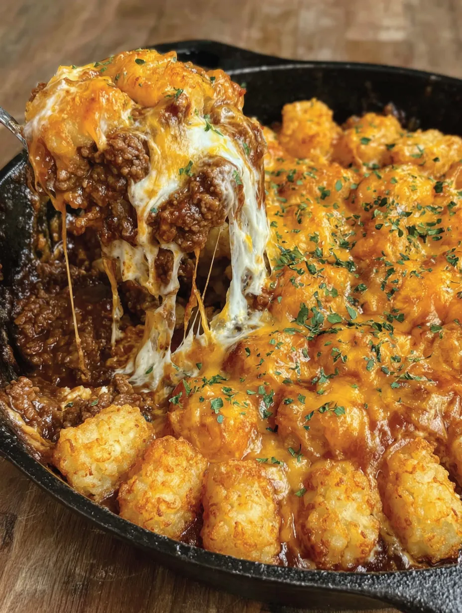 A close up of a sloppy joe tater tot casserole.