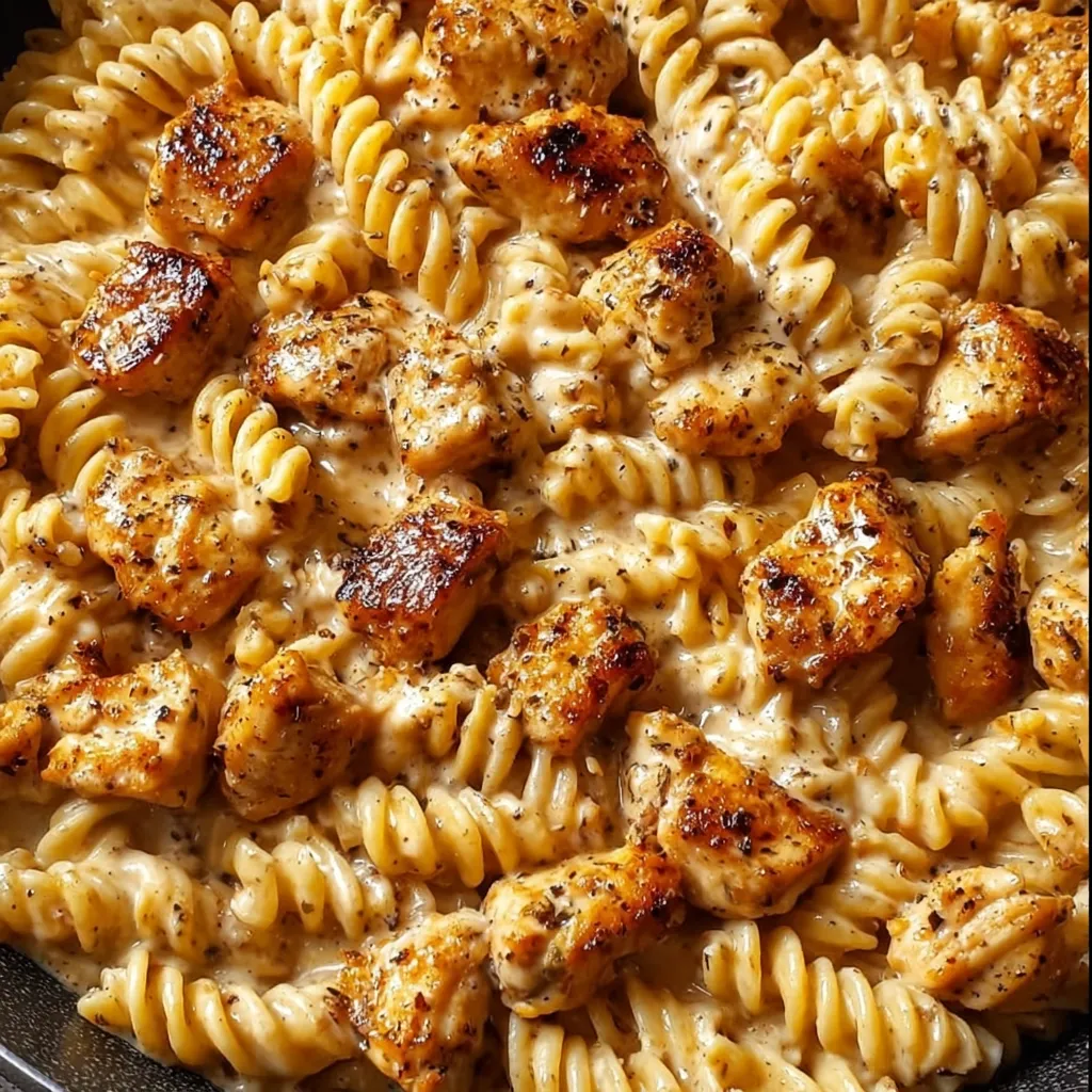 A delicious meal of chicken and pasta.