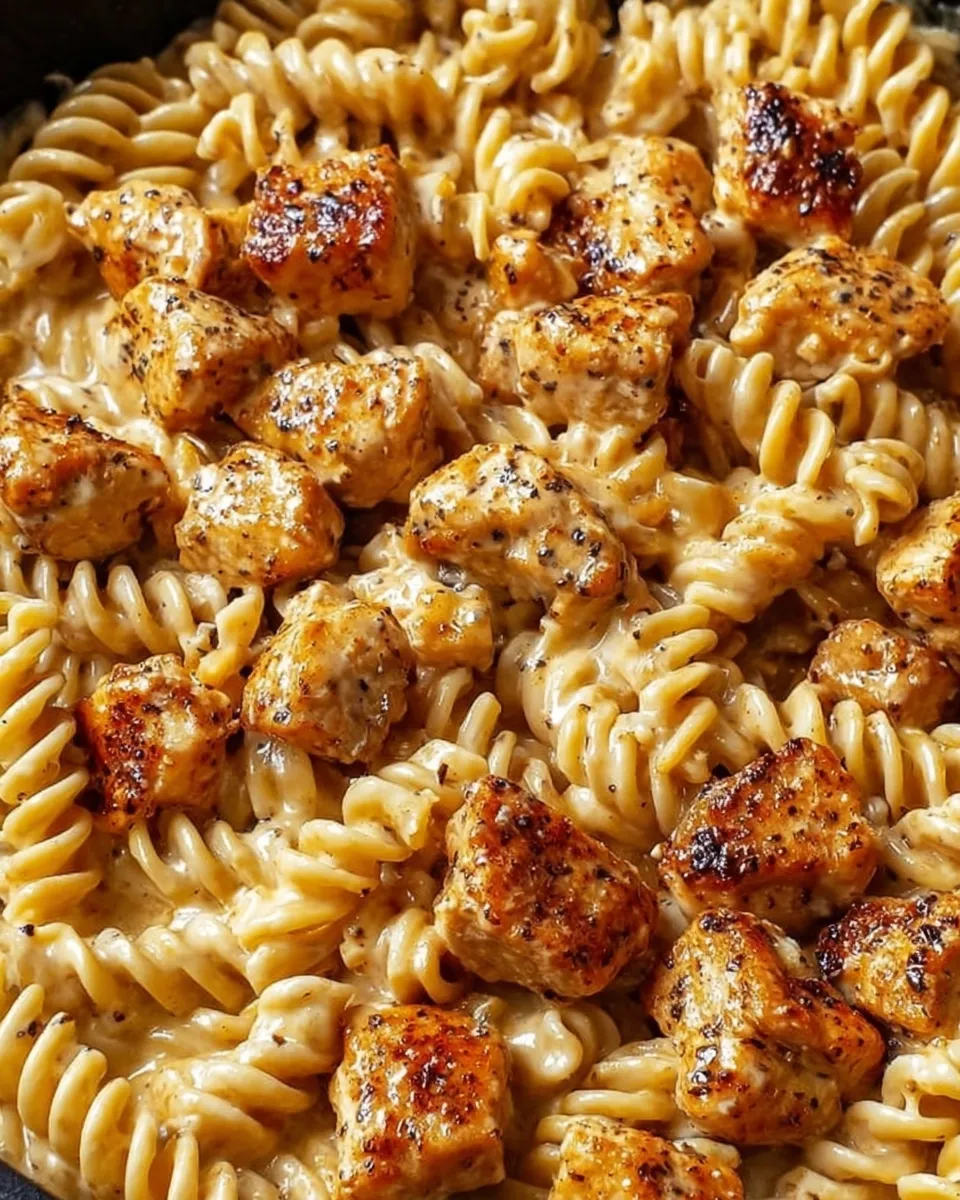 A delicious meal of cheesy cajun garlic chicken rotini skillet.