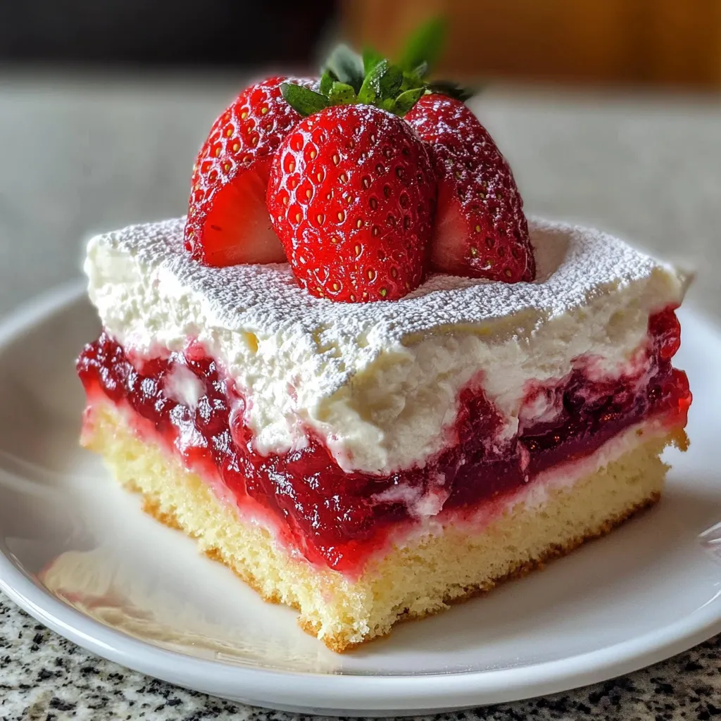 A slice of cake with strawberries on top.