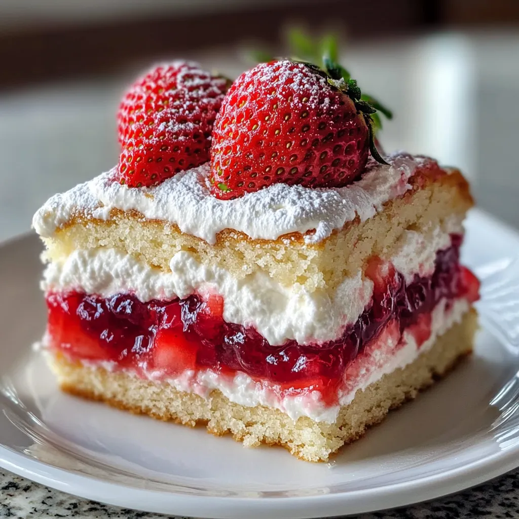 A slice of cake with strawberries on top.