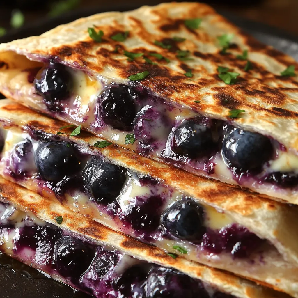 A stack of blueberry breakfast quesadillas.