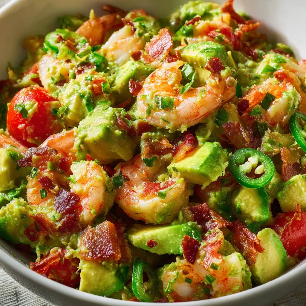 A bowl of shrimp salad with avocado and bacon.