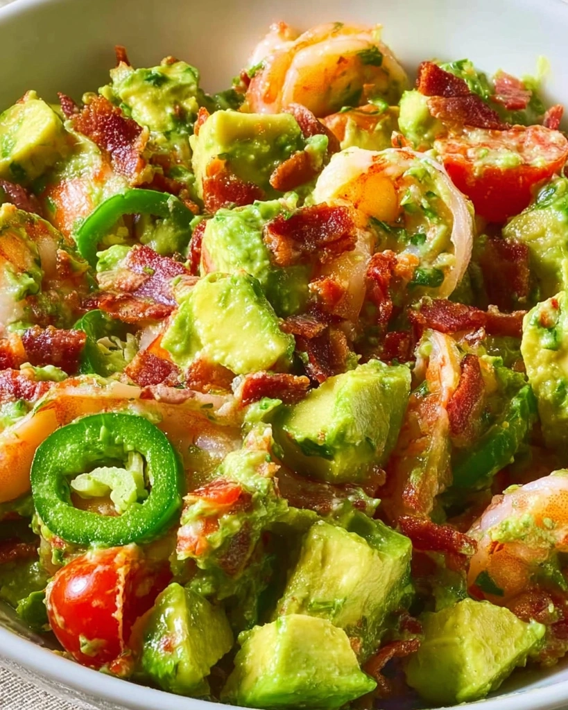 A bowl of Avocado Shrimp Salad with Bacon.