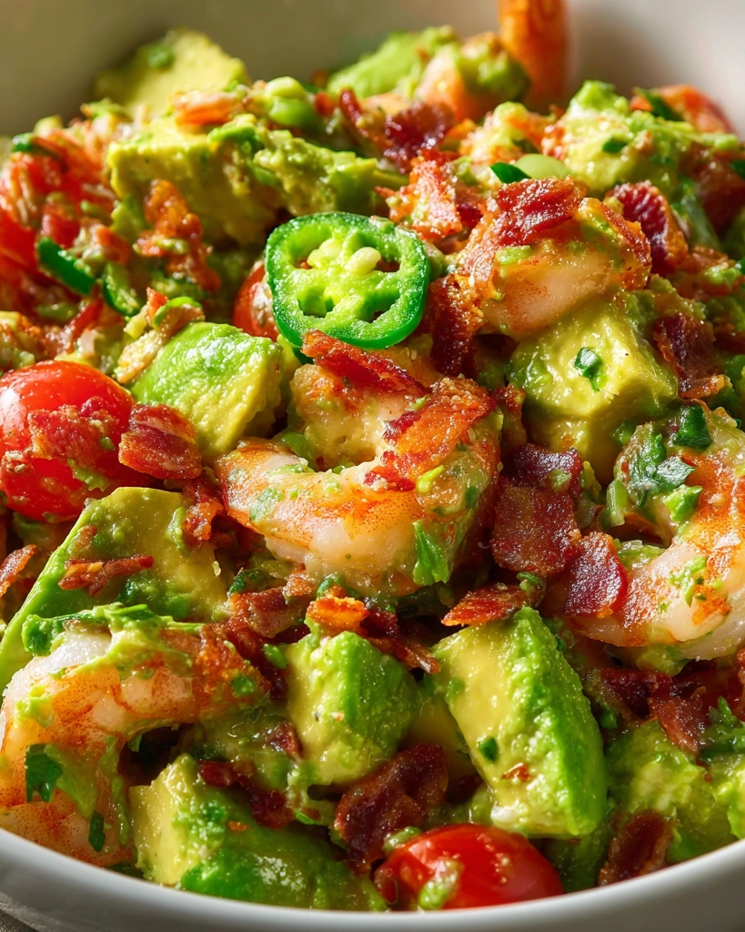 A dish of shrimp and avocado salad with bacon.