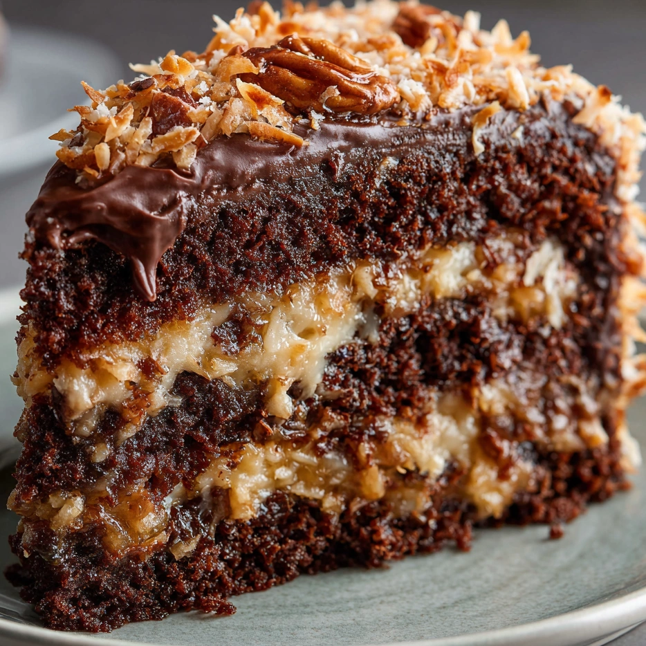 A slice of German chocolate cake.