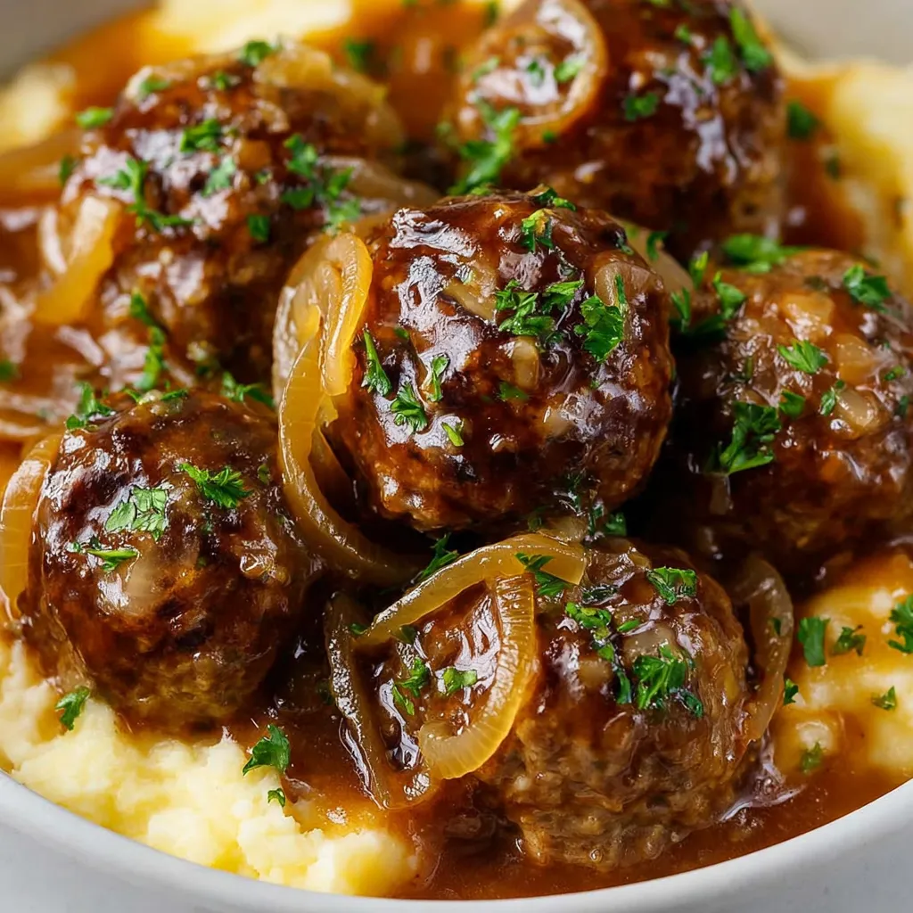 A bowl of slow cooker French onion meatballs.