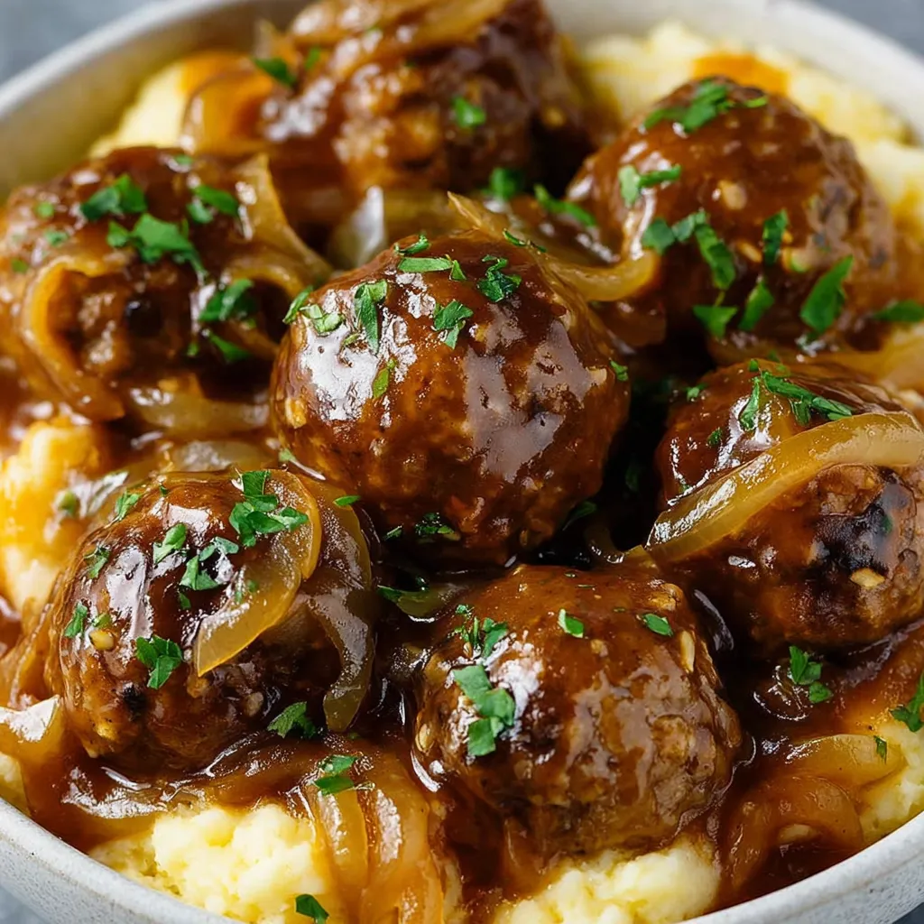 A bowl of slow cooker French onion meatballs.