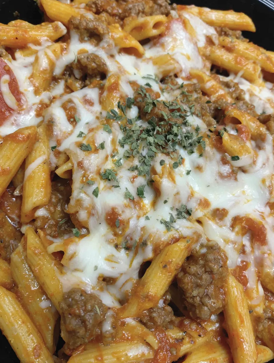 A plate of pasta with meat and cheese on top.