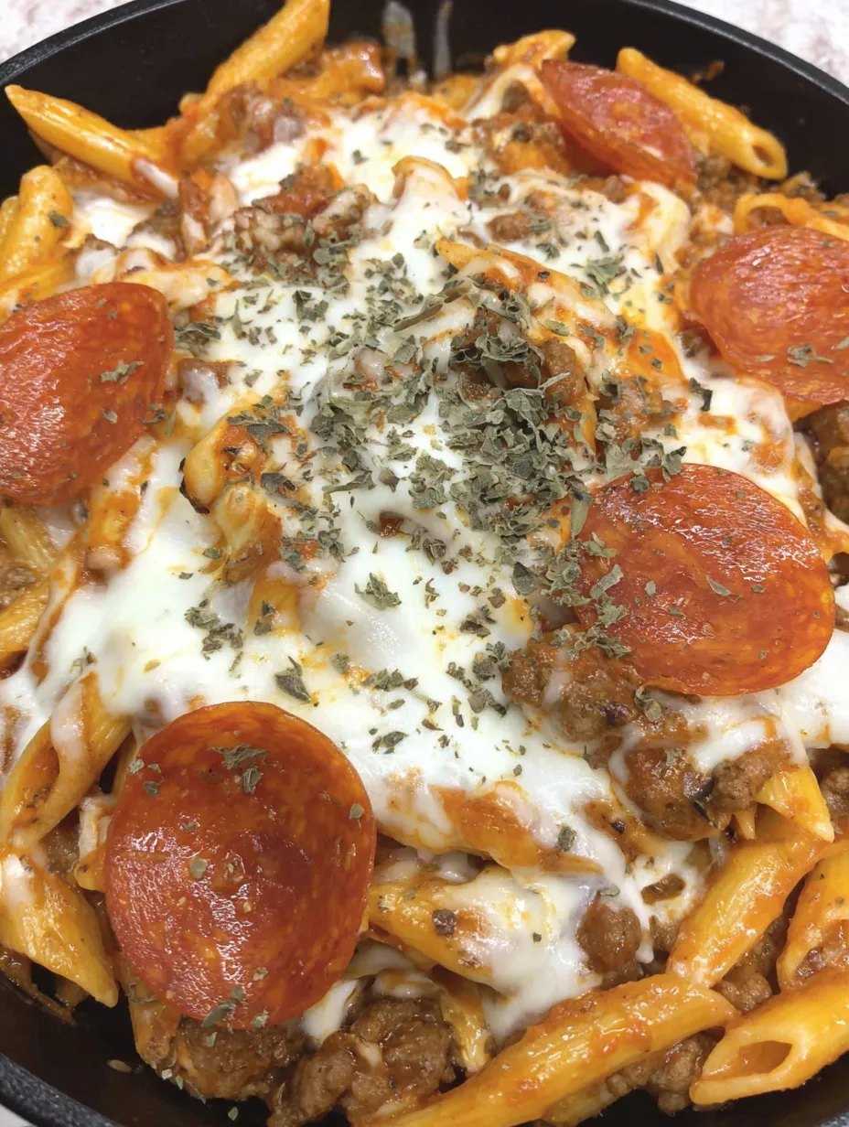 A close up of a cheesy pizza hamburger helper.
