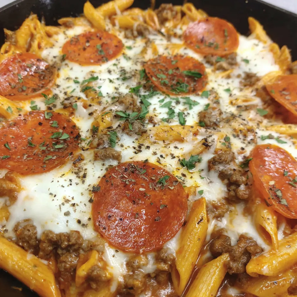 A plate of food that looks like a pizza hamburger helper.