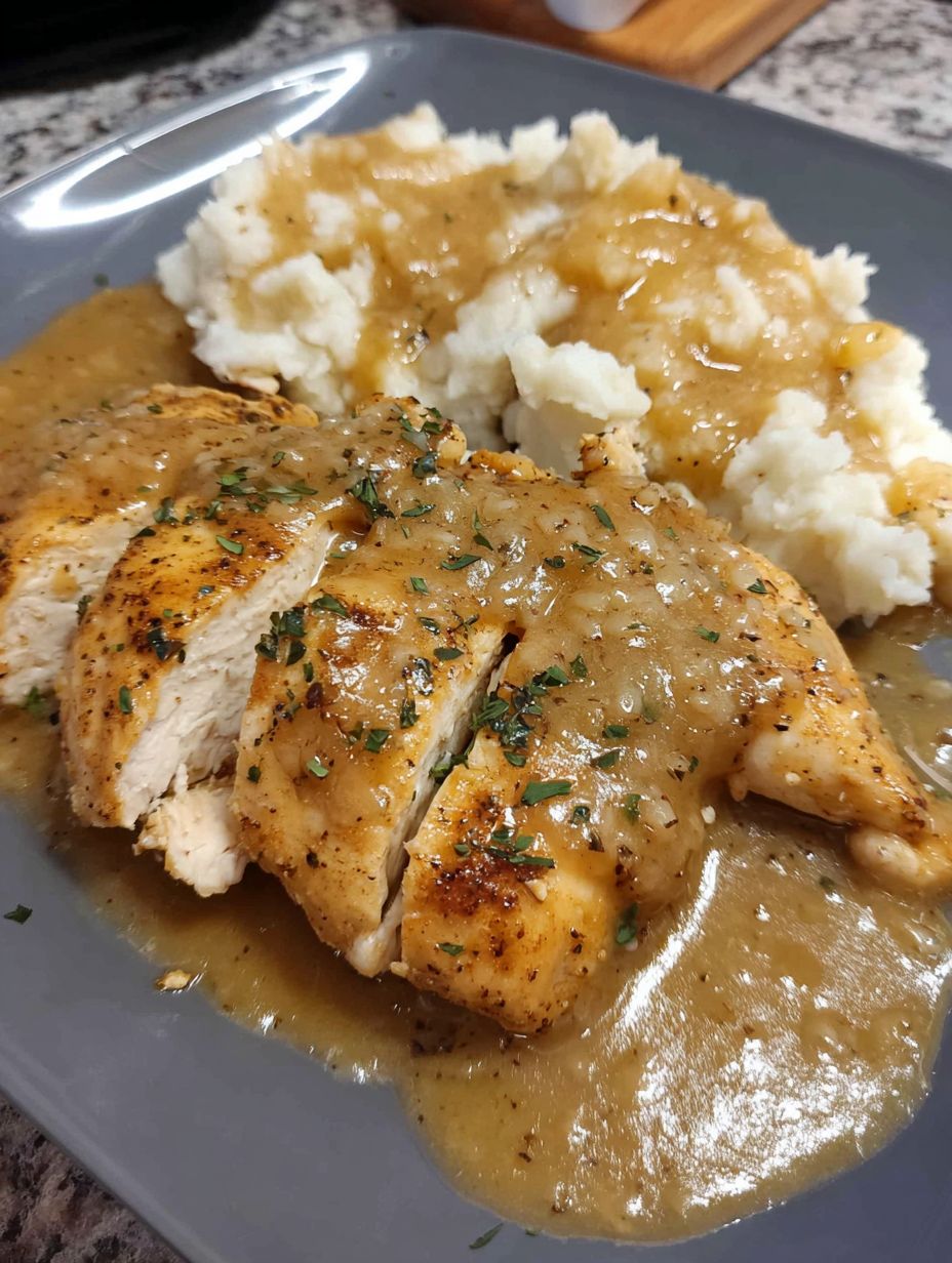 A plate of chicken and gravy.